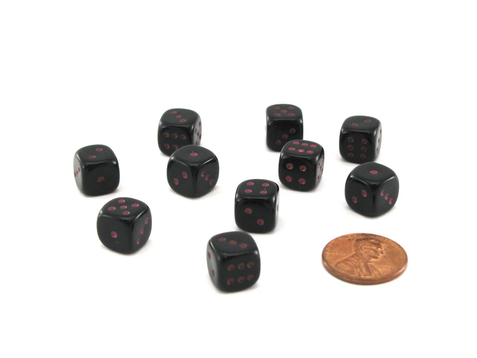 Pack of 10 Deluxe Round Edge Small 10mm Opaque D6 Dice - Black with Red Pips - Image 1 of 1