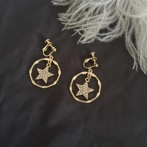 Clip on 1 1/2" gold clear stone star & pinched hoop earrings - Picture 1 of 4