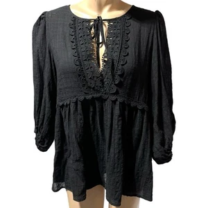 Max Studio Women’s Black 3/4 Sleeve Gauze Blouse Embroidery Lace Size XL NWT - Picture 1 of 12