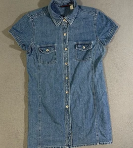 Abito donna blu navy vecchio jeans manica corta denim con bottoni taglia 16 - Foto 1 di 8