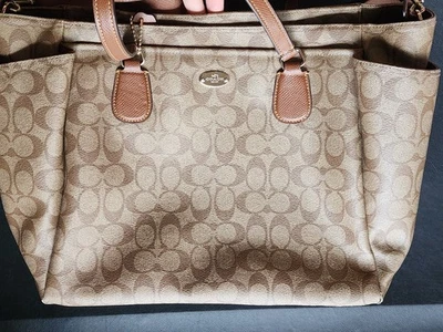 Coach Monogram Tote Baby Diaper Bag Travel, khaki Brown Leather Trim, crossbody - Image 1 of 4