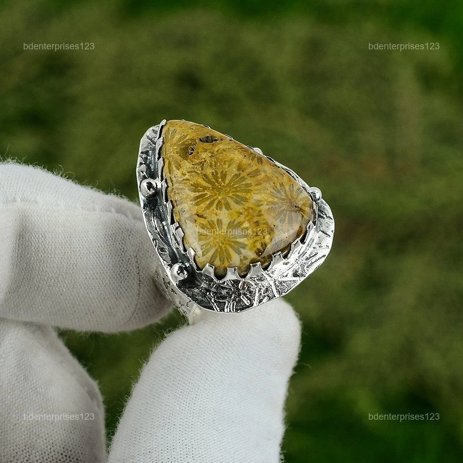 Anillo de cumpleaños de plata esterlina 925 con declaración de coral fósil natural joyería EE. UU. 8,5 Foto 1 de 1