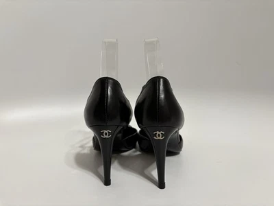 Vtg Chanel Black Leather CC Logo Heels 37 - Image 1 of 4