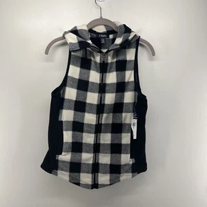 Chaps Vest Womens Petite Small Black White Buffalo Plaid Full Zip Fleece NWT - Picture 1 of 8
