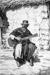ARGENTINE - UN GAUCHO (cow-boy d’Argentine) jouant de la GUITARE - Gravure 19e - Picture 1 of 3