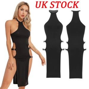UK Women Halter Neck High Slit Legs Knee Length Dress Cheongsam Style Nightgown - Picture 1 of 25