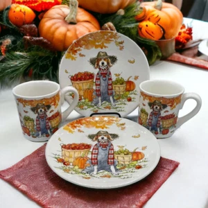Dog Farm Straw Hat Fall Autumn Mug Cup Plates Service for Two Basket Apples - Picture 1 of 11