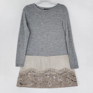 Lafayette 148 Dress Womens Small Gray Tan Wool Leather Lace Long Sleeve Tunic - Picture 1 of 12