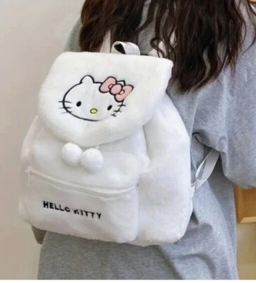 Mochila Sanrio Hello Kitty de felpa peluda blanca imitación cuero cordón bolso mediano Foto 1 de 4