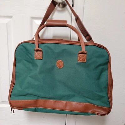 Vtg Polo Ralph Lauren Travel Green Canvas Brown Leather Suitcase Weekender 90's - Image 1 of 4