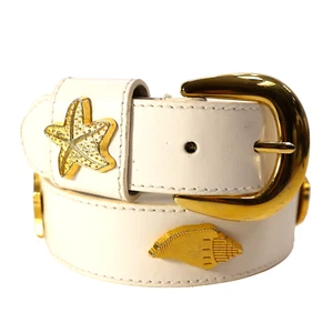 Docker Beach Belt S White Genuine Leather Gold Fish Starfish Shell Medallions - Picture 1 of 16