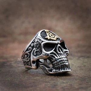 Edelstahl Punk Biker Herren Gold Freimaurer Schädel Ring für Herren Größe 7-15 Geschenk - Bild 1 von 7