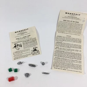 Vintage Monopoly Directions 1961 And 5 Tokens Hat Car Thimble Shoe Ship 2 Houses - Picture 1 of 7