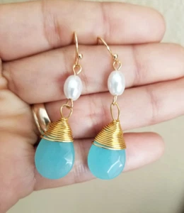 Pendientes de calcedonia azul aguamarina facetados pera lágrimas pendientes colgantes JO - Imagen 1 de 4