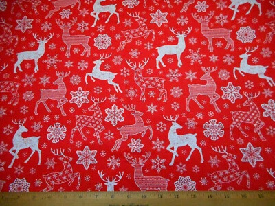 Christmas Fabric By Half-Yard White Reindeer & Snowflakes on Red Cotton #48 C - Image 1 of 2