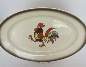 VINTAGE METLOX POPPYTRAIL RED ROOSTER BROWN TRIM OVAL PLATTER 13.5" - Picture 1 of 5
