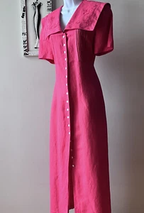 Vintage 90s Jessica Howard Coral Embroidered Button Down Linen Sailor Dress 16 - Picture 1 of 14