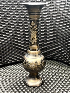 Vintage Hand Etched Brass Vase, Floral Design, India, 9.75" Tall - Picture 1 of 11