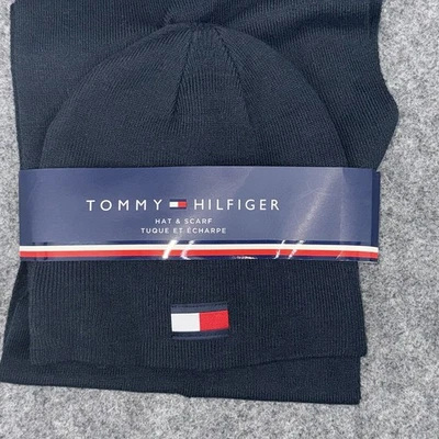 TOMMY HILFIGER 男式围巾豆豆帽套装提花海军蓝 72 英寸 x 10 英寸全新带标签 — 第 1/3 张图片