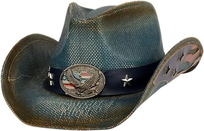 Men's Vintage Tea-Stained USA American Flag Shape-It Brim Cowboy Hat w/ Western - Image 1 of 1