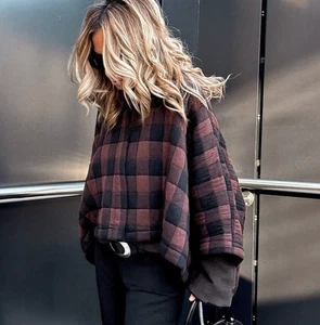 ZARA QUILTED CHECK KIMONO SLEEVE ASYMMETRICAL SHORT CAPE PONCHO CROP JACKET M - Picture 1 of 24