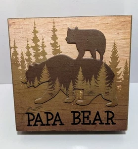 Papa Bear wood sign plaque 4” x 4” Bear with Cub In Woods Cabin Decor - Picture 1 of 4