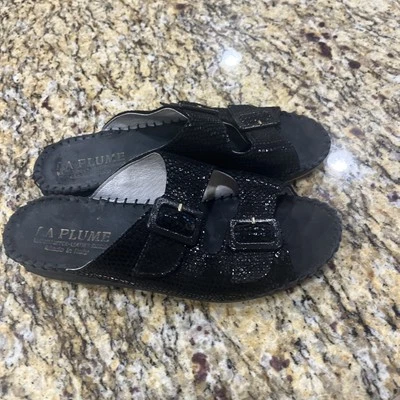 La Plume Nubuck Sandal Slide Whipstitch Buckles Made in Italy US 7.5 EU 38 Black - Image 1 of 4