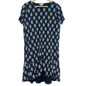 J Jill Ruffle Hem T Shirt Dress Womens Size PM Blue Paisley High Low Pockets - Picture 1 of 11