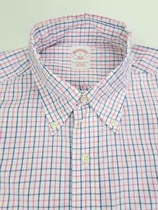 Brooks Brothers 346 Size Large Men White Pink Blue Check Pocket Logo Button Down - Picture 1 of 11