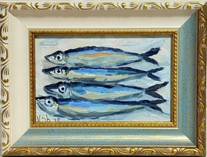 Sardine Original Ölgemälde Fisch Meeresfrüchte Kunst Stillleben Küche signiert gerahmt - Bild 1 von 8