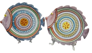 Hand Painted Fish Plates Set of 2 Italian Ceramic Decorative Whimsical - Picture 1 of 8