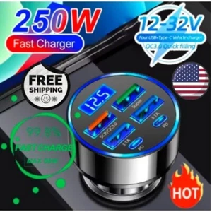 250W PD Car Charger QC3.0 Fast Charge 6-in-1 Car Cigarette Lighter Plug 5 Port C - Picture 1 of 5