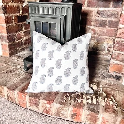 1609. AJAY BLUE/BEIGE Block print - 100% organic cotton Cushion Cover - Image 1 of 4