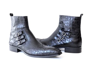 Jo Ghost 4991 Italian Black Croco/Laser Cut With 3 Buckles Ankle Boots - Picture 1 of 5
