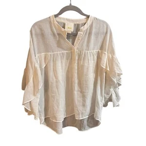 Anthropologie Maeve Cotton Ruffle Lightweight Beige Henley Blouse Size Large - Picture 1 of 12