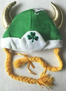 St. Patrick's Day Viking Hat with Braids Horns Green & White w/Irish Shamrock  - Picture 1 of 4