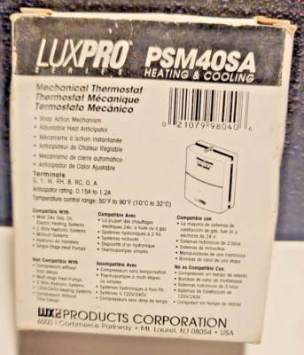 Mechanical Thermostat Lux PSM40SA 24V ac Wall Mount Heating and Cooling (T4) - Image 1 of 3