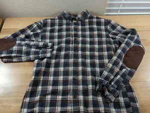 J Crew Elbow Patch Flannel Shirt Men’s Large White Brown Blue Plaid Flex - Picture 1 of 5