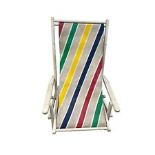 Vintage Wood Striped Fabric Adjustable Sun Lounger Seaside Folding Deck Chair