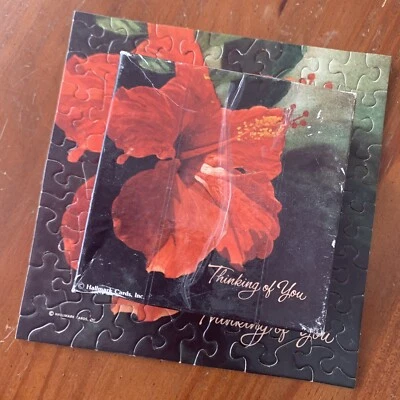 Vintage Springbok Mini Puzzle 7x7 Thinking of You Hibiscus Hallmark - Image 1 of 4