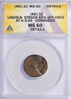 Voir vidéo !     ND (pas de date) LINCOLN CENT ERREUR 65 % décentré ANACS MS60 DÉTAILS