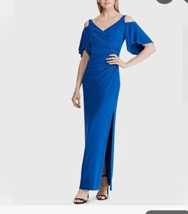 Lauren Ralph Long Gown Dress Women 10 Cold Shoulder Jersey Slit Maxi Ruched $180 - Picture 1 of 16