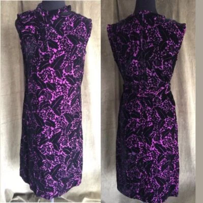 Vestido de Cóctel Vintage Hecho a Mano Púrpura Negro Terciopelo Estampado Floral, M/L Foto 1 de 2