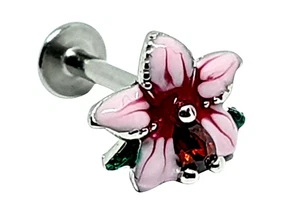 Flower Labret Pink Enamel Hibiscus 16g (1.2mm) Surgical Steel Bar Tragus Helix - Picture 1 of 12