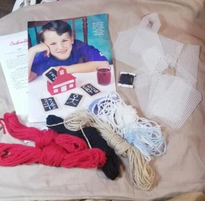 Red Schoolhouse Coasters Complete Plastic Canvas Kit cut outs, yarn Teacher Gift - Image 1 of 4