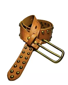 Gap Brown Leather Belt Brass Buckle & Stud Boho Retro Festival Sz M 35” Caramel - Bild 1 von 11