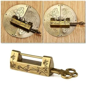 Chinese Vintage Antique Locks Old Style Flower Bird Brass-Word Padlock USD - Picture 1 of 8