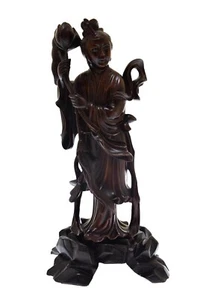 Antique Chinese Women Carrying Floral Hand Carved Rosewood Figurine 7" - Picture 1 of 6