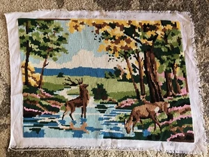 Vintage alpine mountain deer stag stream forest finished tapestry needlepoint - Picture 1 of 7