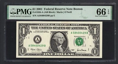 United States-Federal Reserve 1 Dollar 2001 Fr#1926-A (AB Block) UNC Grade 66 - Image 1 of 2